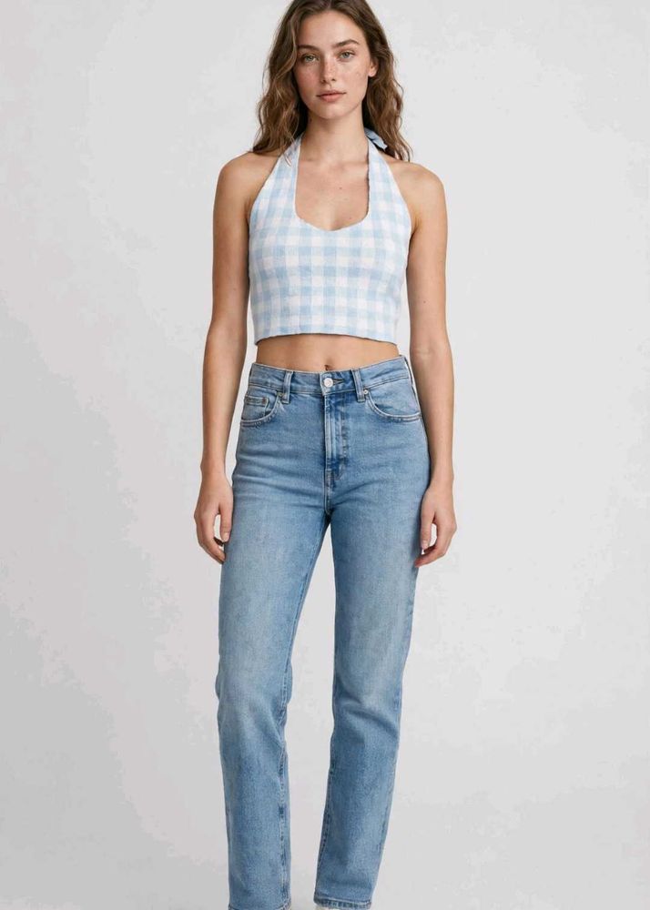 Blue and White Gingham Halter Top