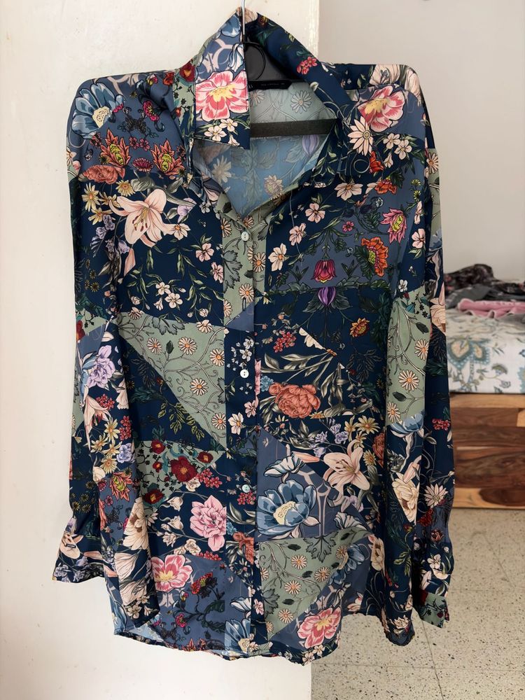 Patchwork Floral Print Button-Up Shirt