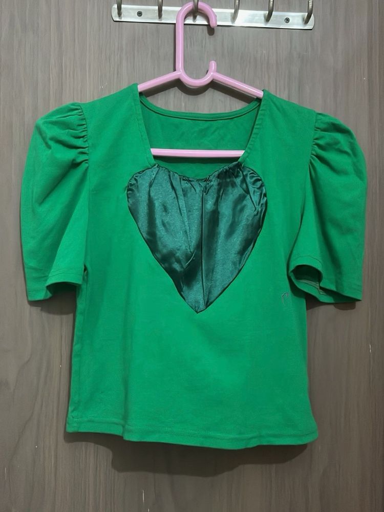 Branded Green Puff Sleeve Top with Heart Detail
