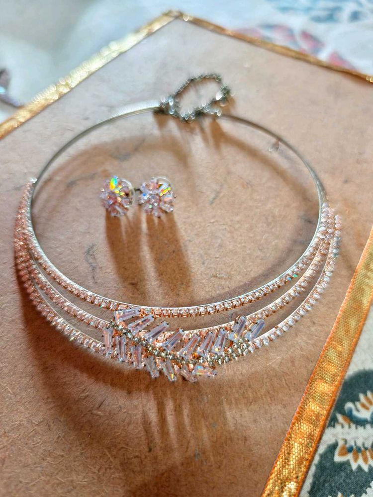 Elegant Cz Choker Necklace &amp; Earrings Set