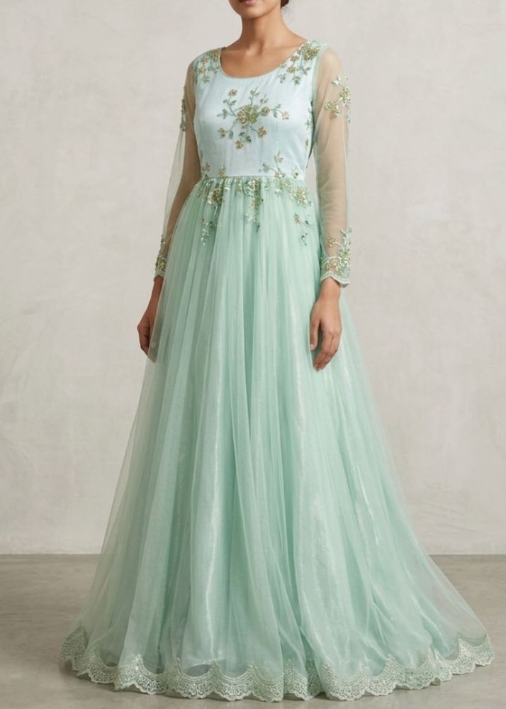 Elegant Mint Green Embroidered Gown