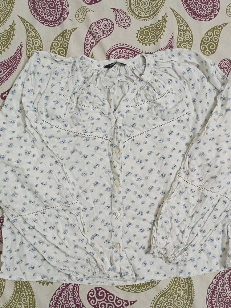White Floral Print Button-Up Top