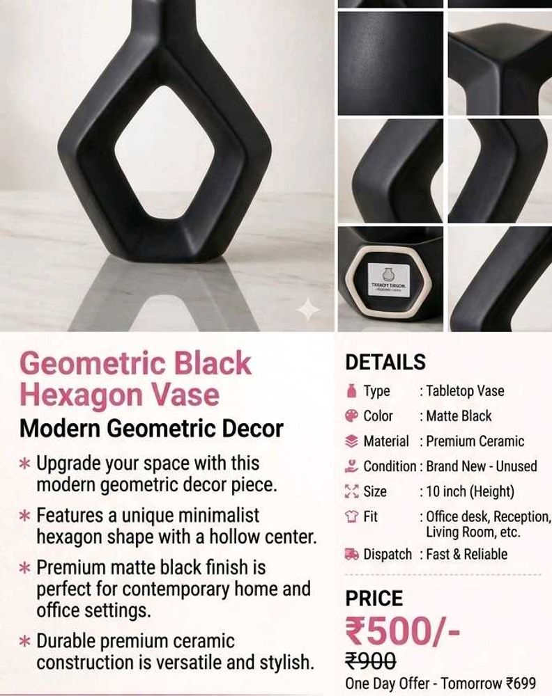 Brand New Geometric Black Hexagon Vase | Modern