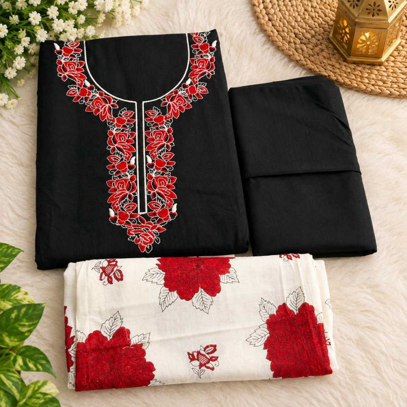 Embroidered Black Kurta Set with Red Floral Print