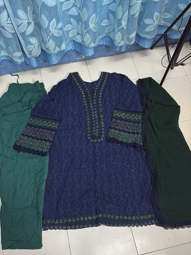 Beautiful  Blue Kurta Set with Green Pants