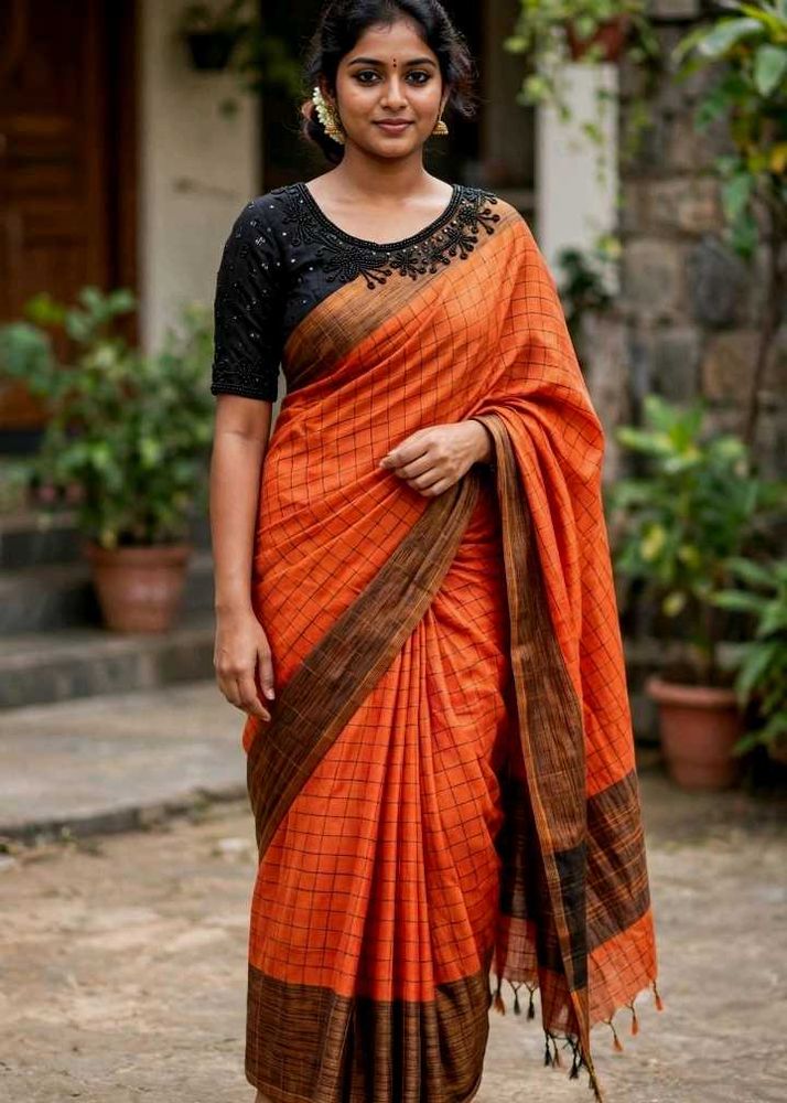 Elegant orange saree and black blouse