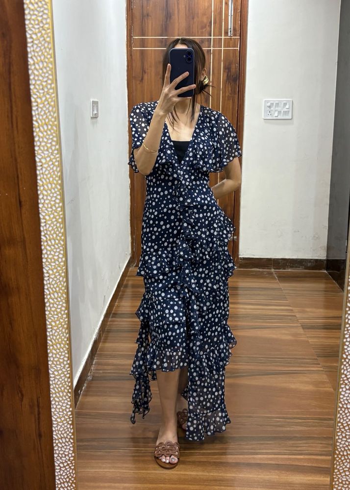 Navy Blue Polka Dot Ruffle detailing Maxi Dress