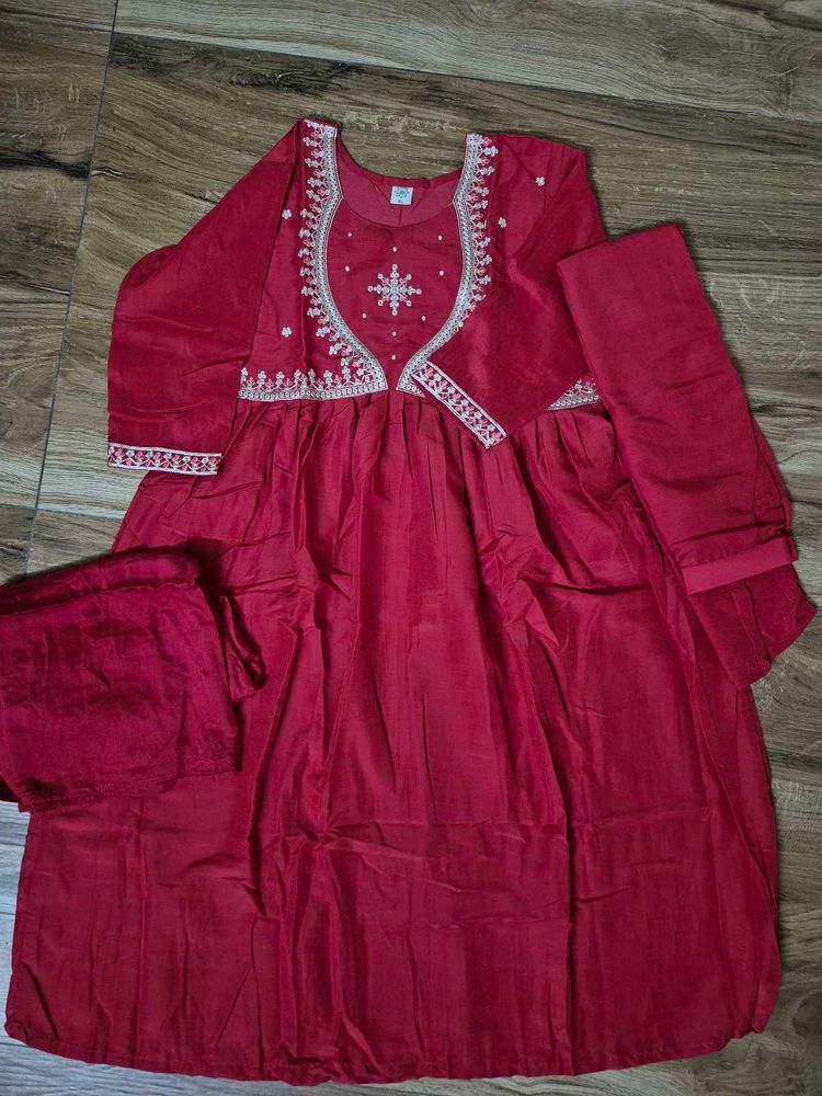 Red Anarkali embroidery set