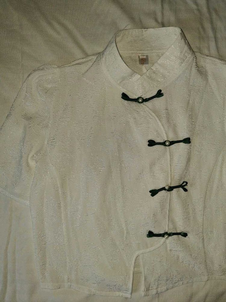 White Brocade Mandarin Collar Kurta
