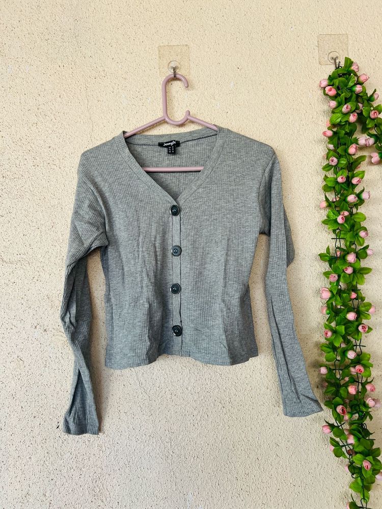 Grey Ribbed Button-Up Cardigan