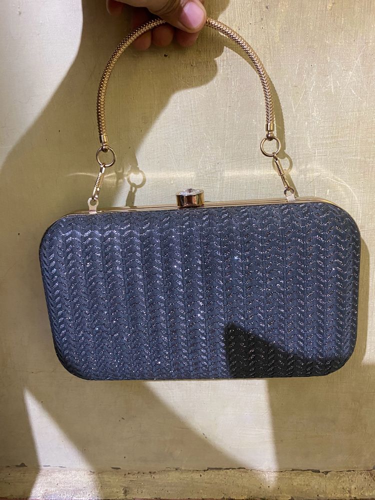 Grey Shining Purse With Golden Handle