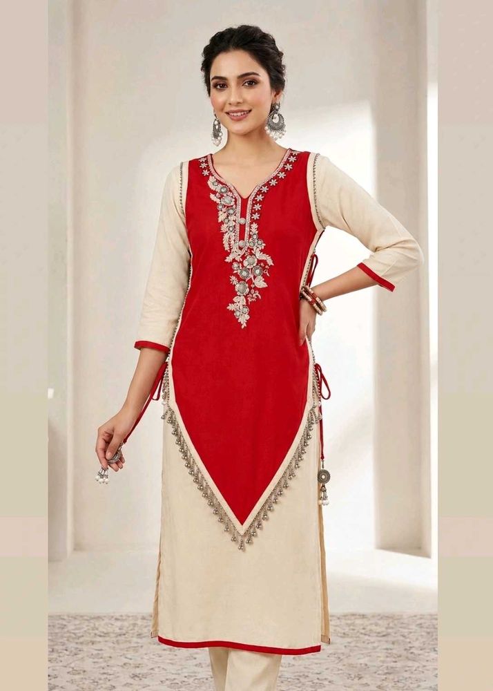 Stunning Red &amp; Beige Kurta Set