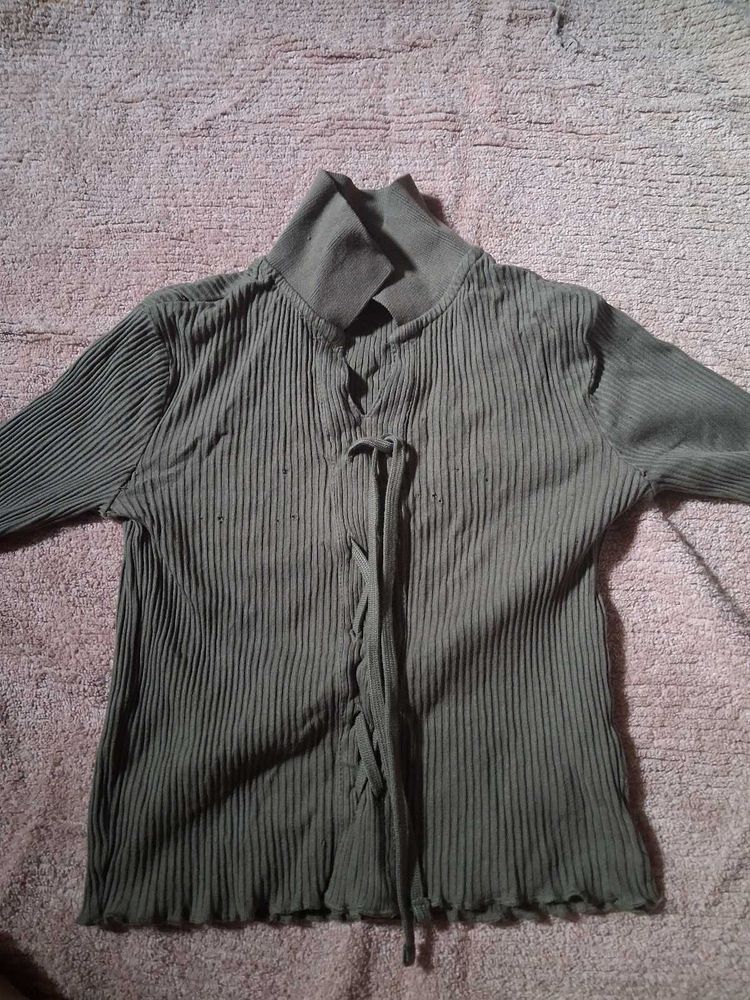 Ribbed Lace-Up olive Top