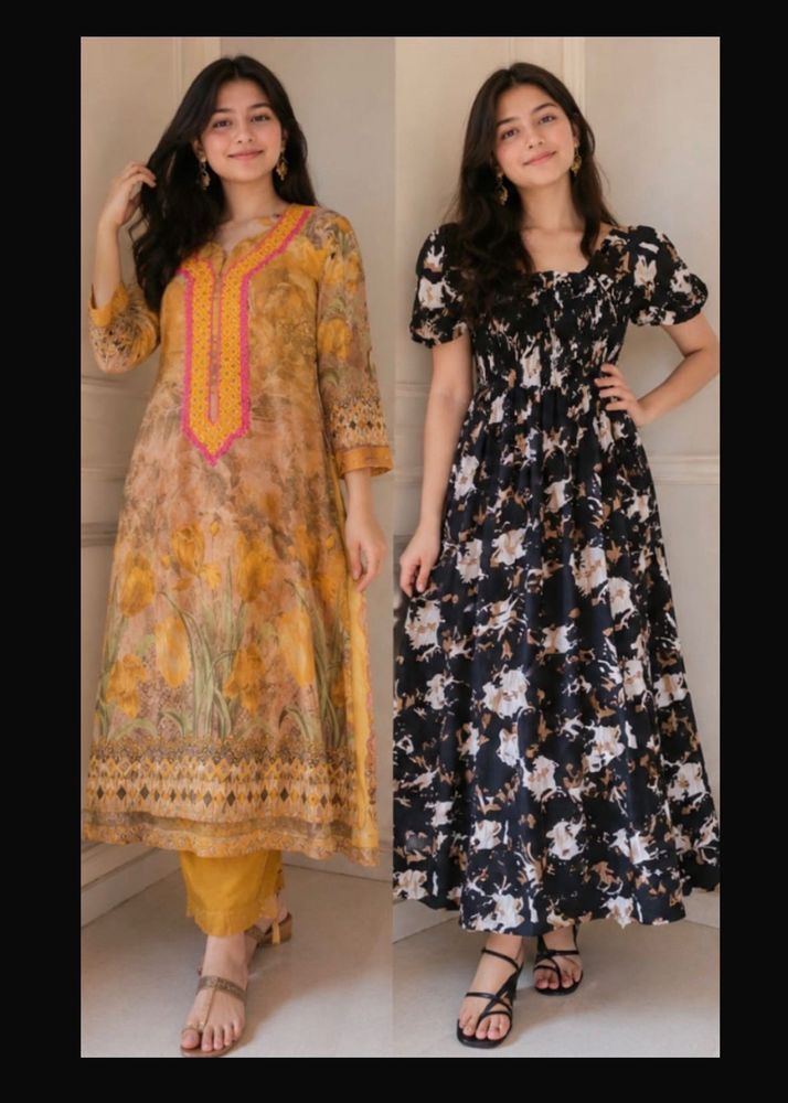 Yellow Kurti &amp; black frock Combo