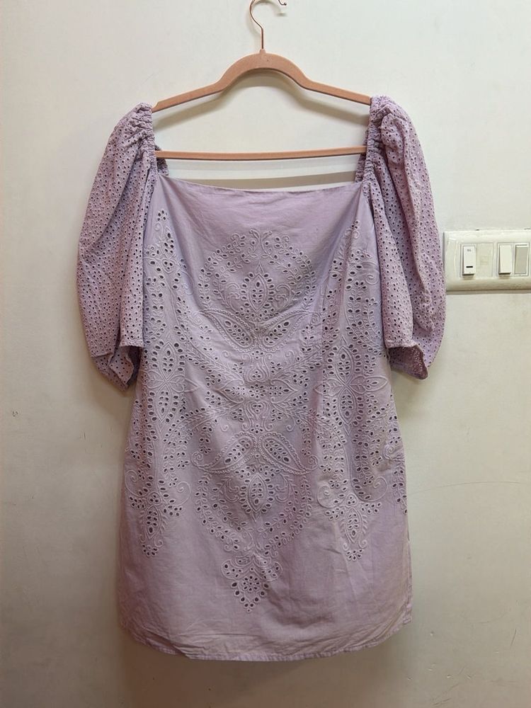 Lilac Eyelet Puff Sleeve Dress