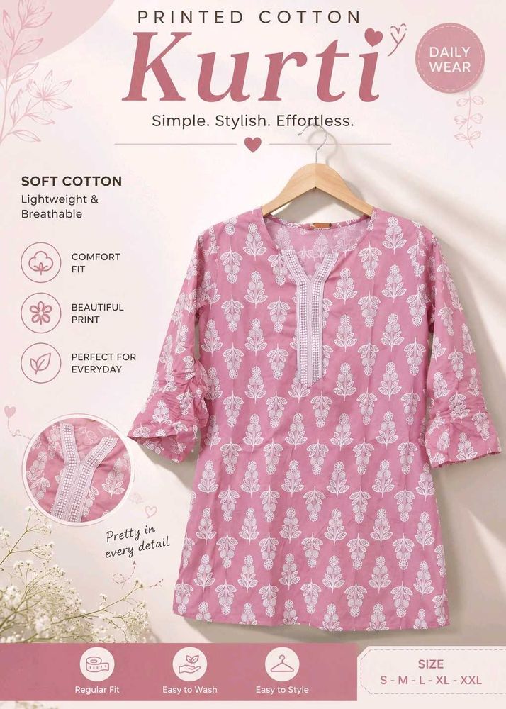 Pink Soft Cotton Printed Short Kurti