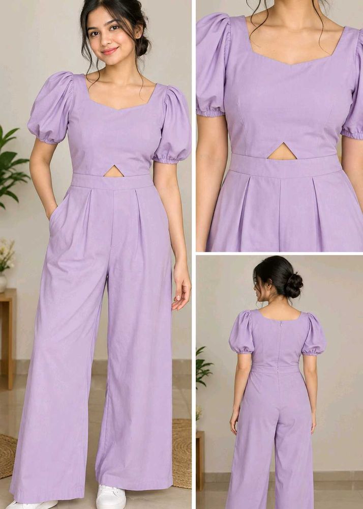 Lavender Puff Sleeve Cutout Jumpsuit