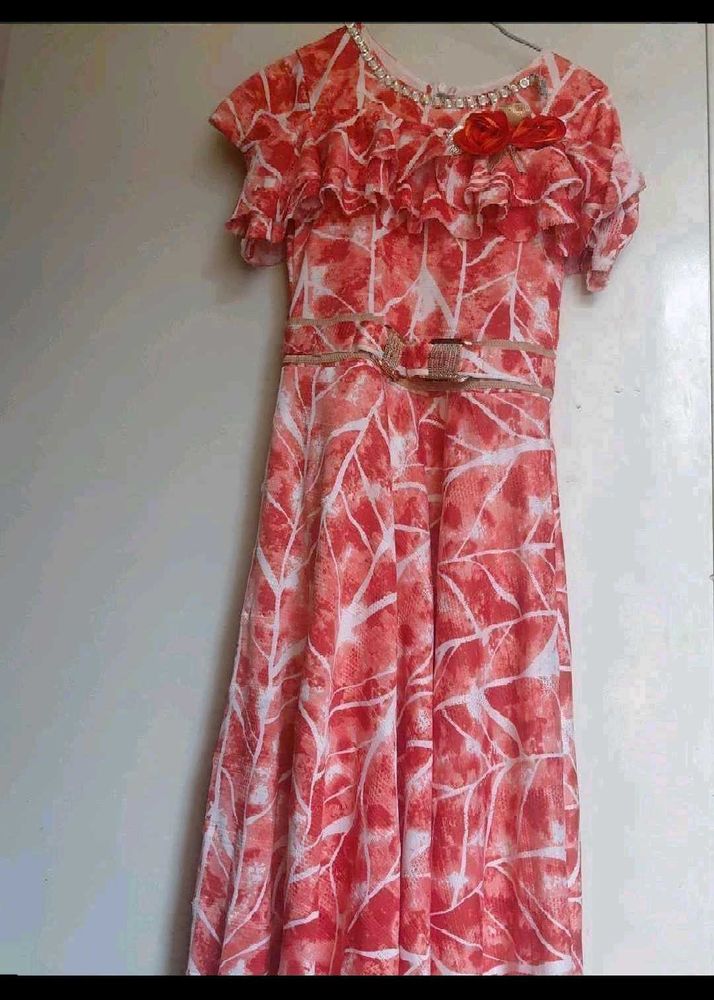 Beautiful Red &amp; White Printed Gown