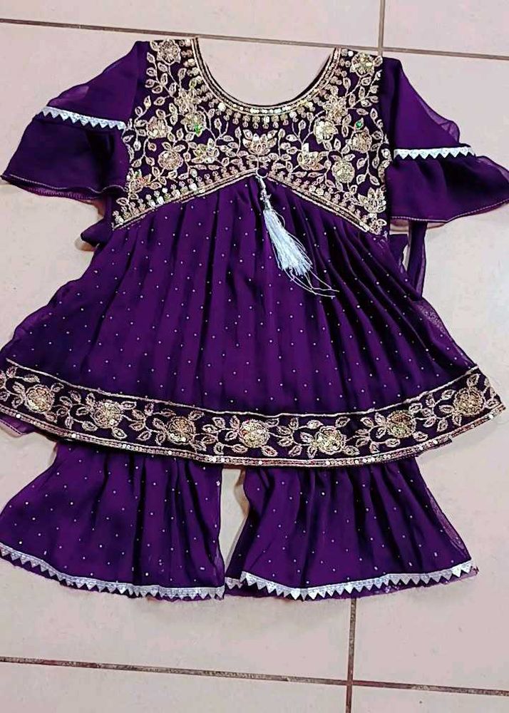 Kids Purple Embroidered Sharara Suit