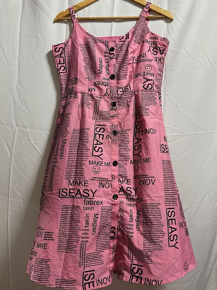 Cute Pink Newspaper Print Button-Front Dress