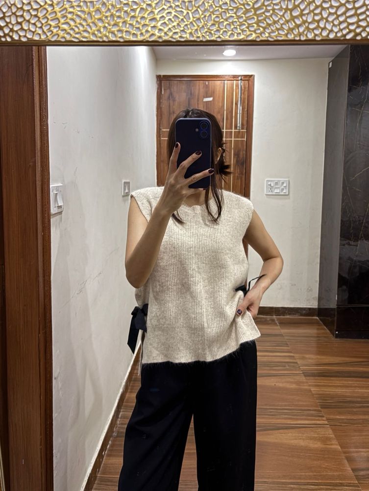 Cream Ribbed Vest Sweater with Black Bow detailing