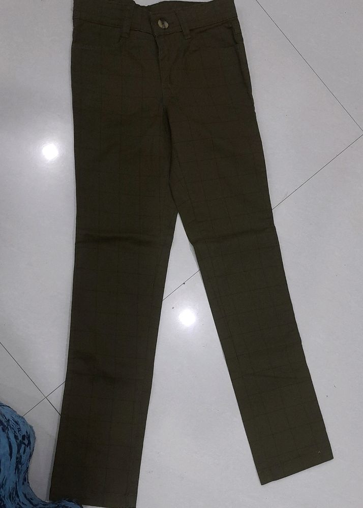 Men's Olive Green Checkered Slim-Fit Chinos New