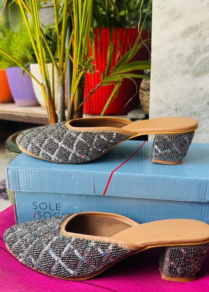 Embellished Block Heel Mules