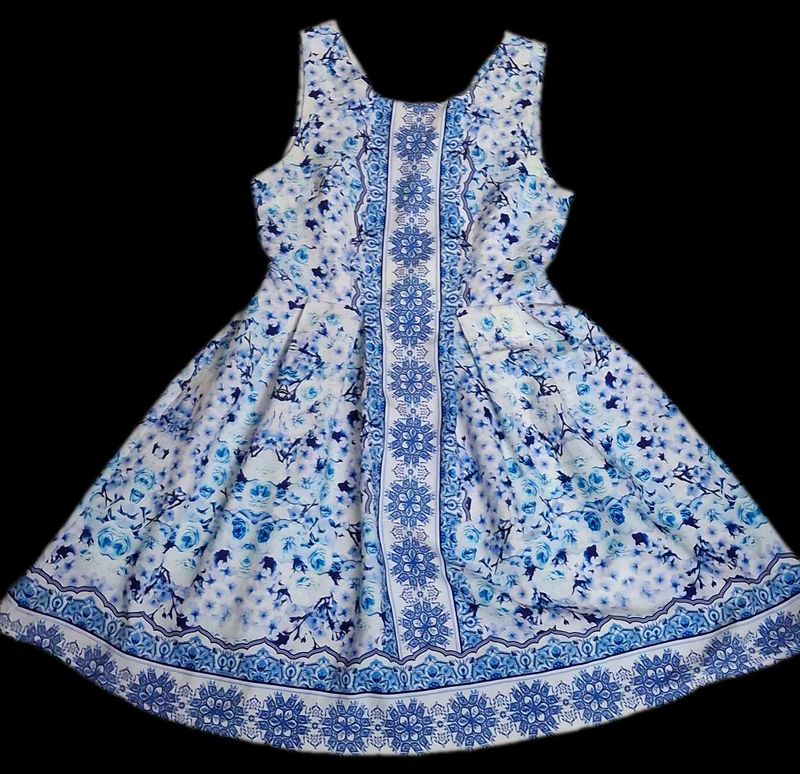 Blue Floral Print Sleeveless Dress