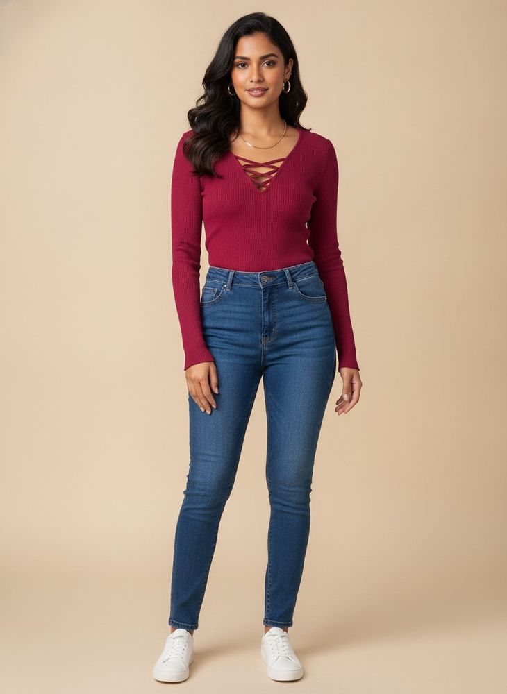 Ribbed Crimson Long Sleeve Top