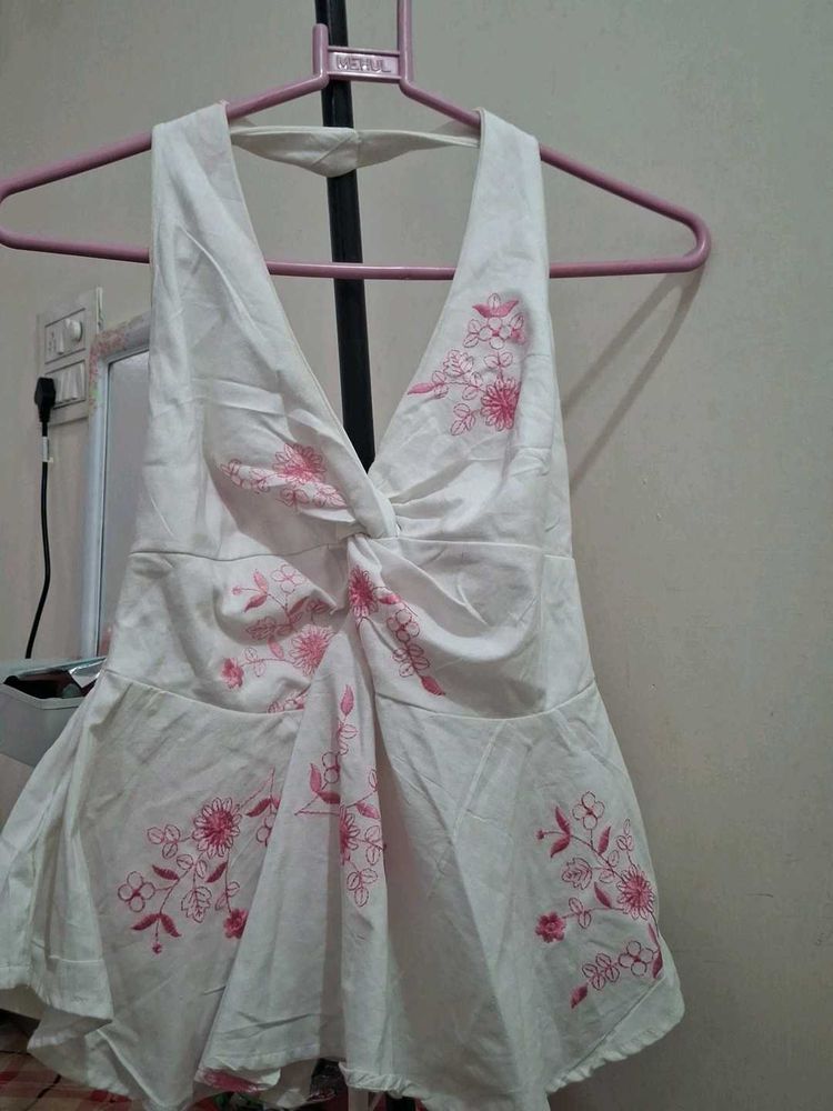 Chic White Halter Top with Pink Floral Embroidery