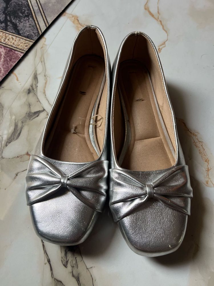 Silver Ballet Flats with Bow