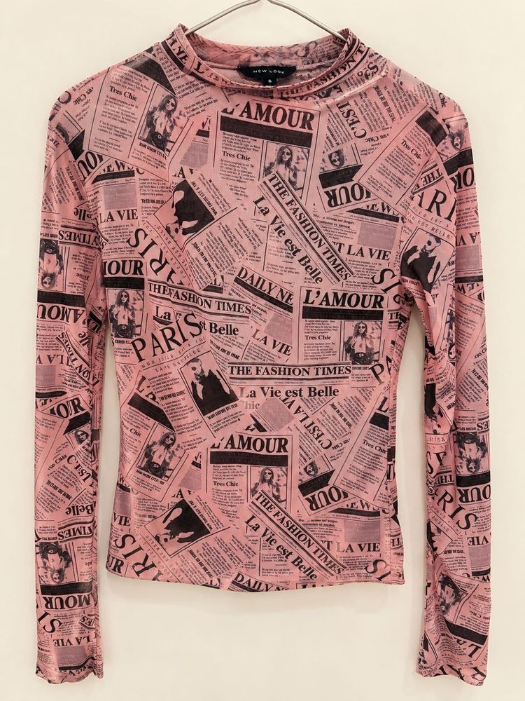 Sheer Mesh Newspaper Print Top
