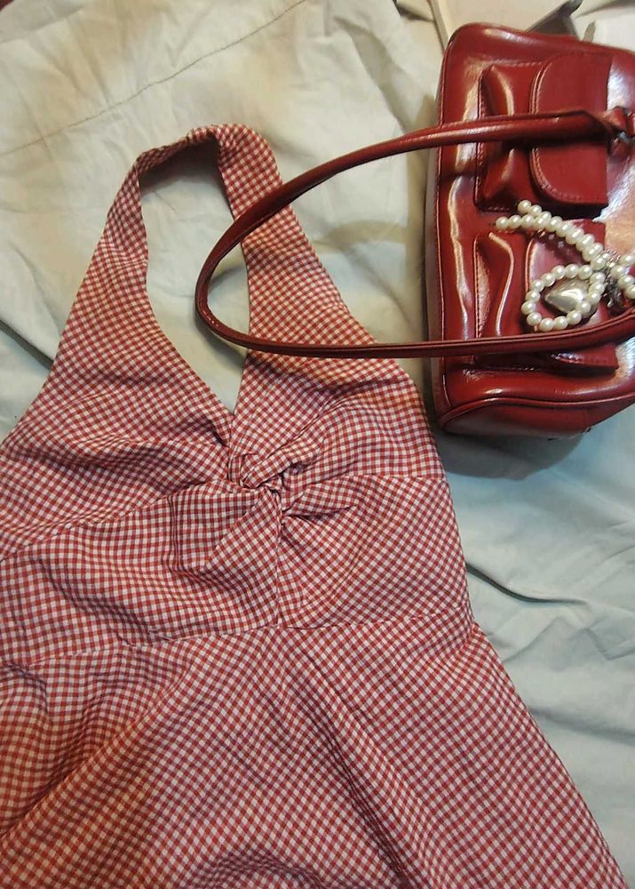 Gingham Print Halter Neck Midi Dress