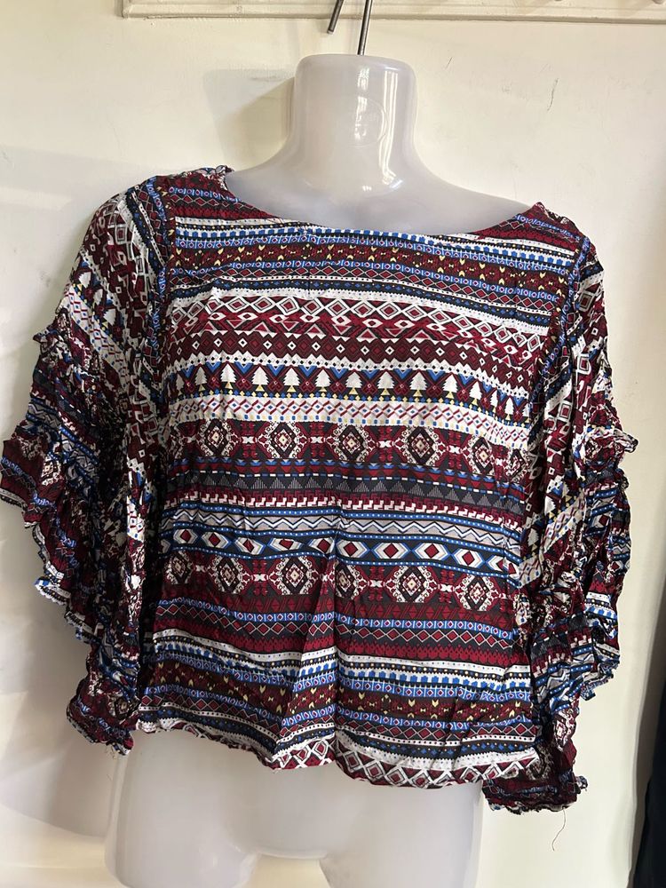 Boho Geometric Print Flutter Sleeve Top