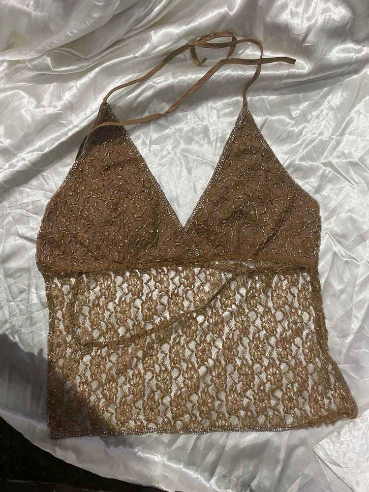 padded vintage y2k sequin Halter Neck Top backless