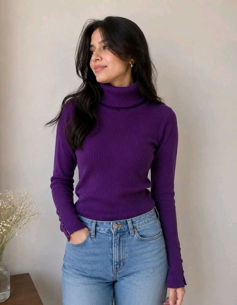 Purple Ribbed Turtleneck Sweater