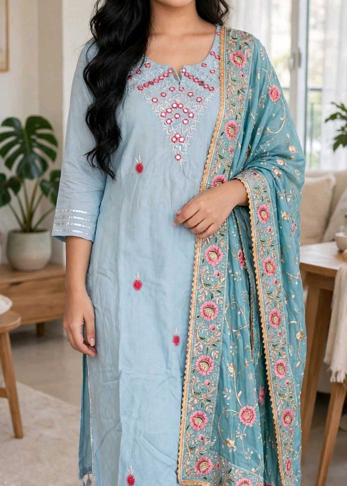 Light Blue Embroidered Kurta with Dupatta