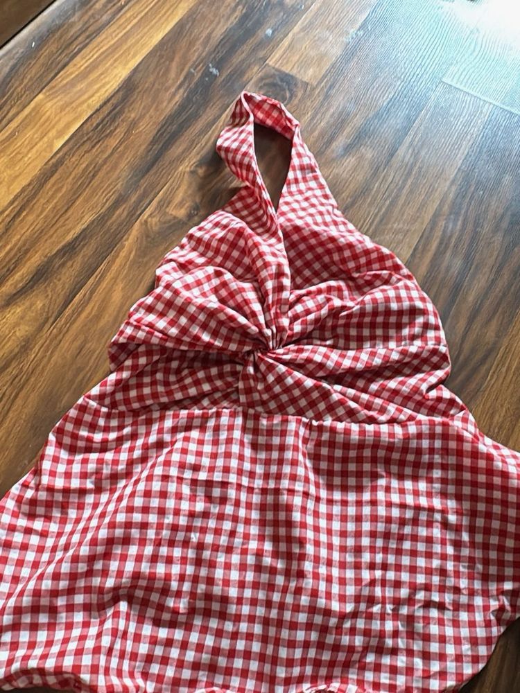 Red Gingham Halter Neck Dress
