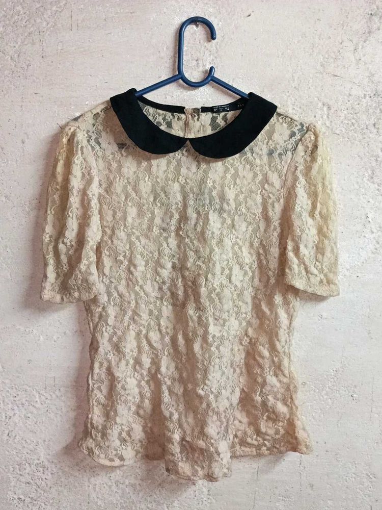 ZARA Sheer Lace Top Peter Pan Collar