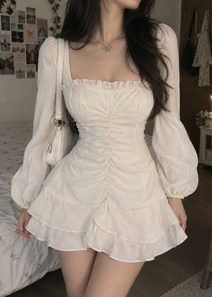 Cream Ruched Puff Sleeve Mini Dress