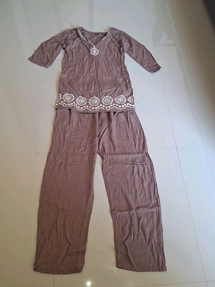 Brown Embroidered Kurta &amp; Pants Set