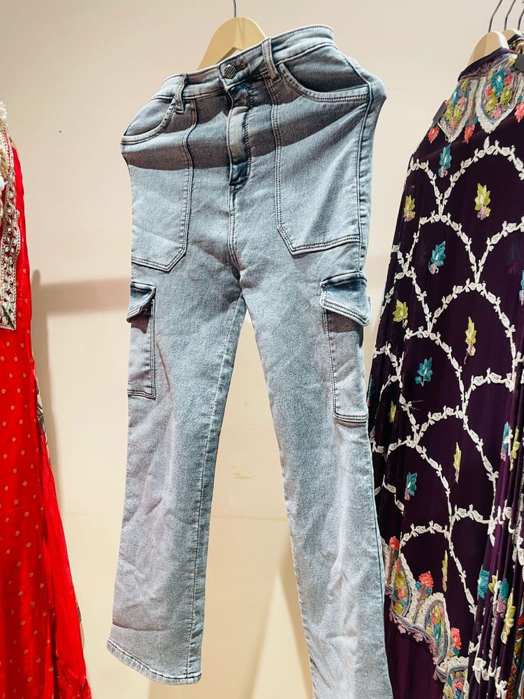 Light Wash Denim Cargo Jeans