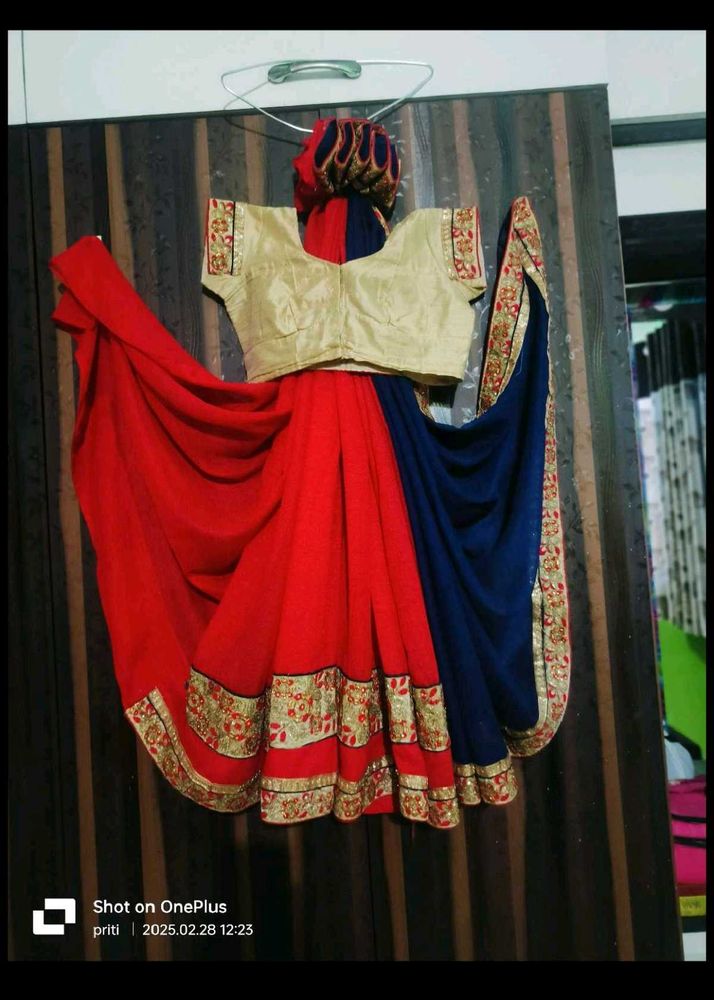 Red &amp; Blue Embroidered Saree