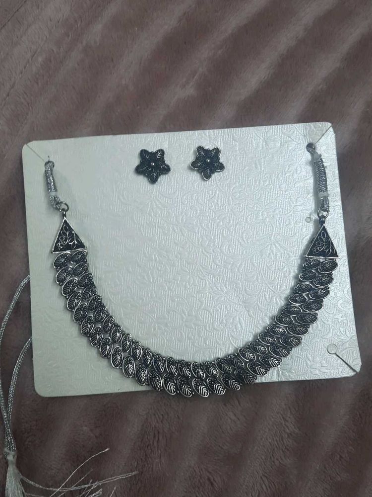Oxidised Silver Necklace and Earrings Set