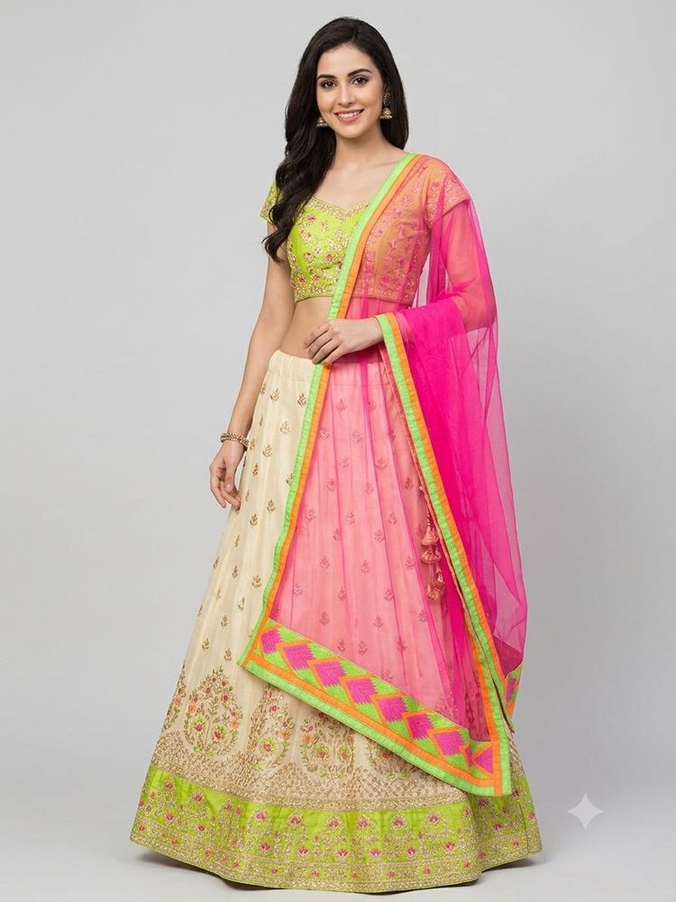 Vibrant Hot Pink Net Dupatta with Neon Chevron &amp; Z