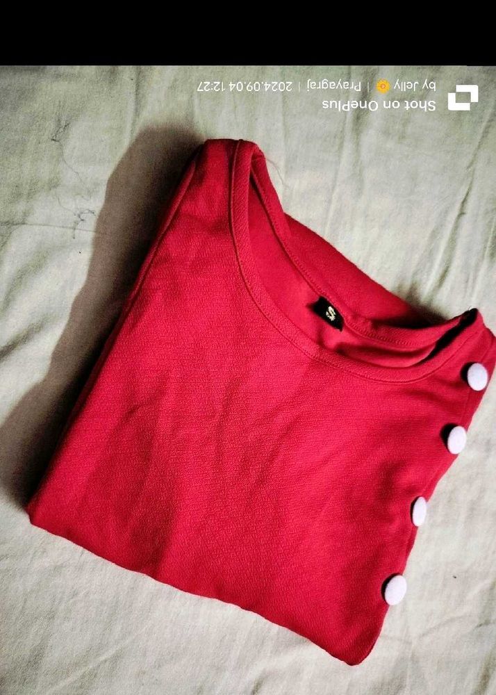 Red Button Detail T-Shirt - Size S