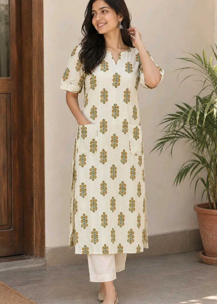 Cream Kurta with Block Print