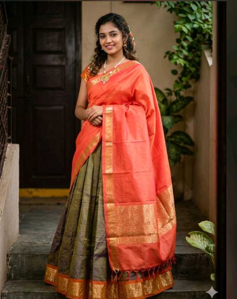 1-TimeUsed GreyLehngaWthOrangeBorder+Blouse+Dupat