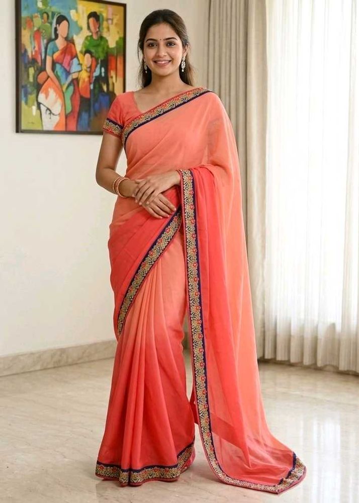 Pink Coral Saree with Royal Blue &amp; Gold Border