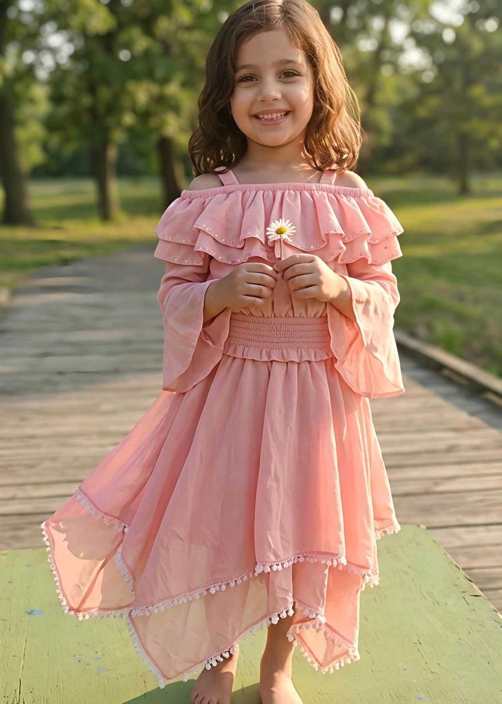 Kids Peach Off-Shoulder Dress with Bell Sleeves